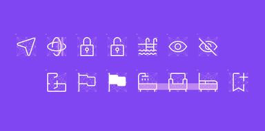 Purple background with white outlined various iconography