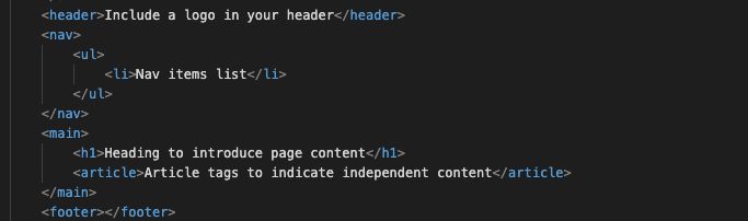 Recommended simple semantic structure including a header, nav element with UL list, main content with h1 and articles and finally a footer
